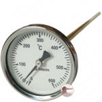 Kályhaház Kemence hőmérő 0-600°C-ig, 50 cm szár hossz, Réz Védőcsővel, Körszámlapos