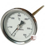 Kályhaház Kemence hőmérő 0-600°C-ig, 20 cm szár hossz, Réz Védőcsővel, Körszámlapos