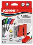 Kores Tábla- és flipchart marker készlet mágneses táblatörlő szivaccsal, 3-5 mm, vágott, KORES, 4 különböző szín - officeland