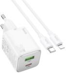 hoco. N41 încărcător de rețea USB + priză Type-C (20W, GaN, încărcător rapid PD 3.0 + cablu Lightning) ALB (N41_LIGHTNING_W)