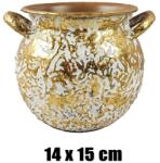 IRIS bádog kaspó, edény formájú, arany, fehér nyomott mintás 14 x 15 cm (80930) - bestbyte