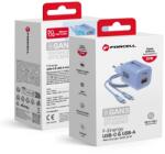 Forcell F-ENERGY Crystal Színű GaN III VT-41 utazó töltő szilikon kábellel 1 x Type C + 1x USB A csatlakozóval, PD QC4.0 33W kék