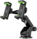  Autós tartó, Univerzális, szélvédőre vagy műszerfalra rögzíthető, 60 - 90 mm széles készülékig, tapadókorongos, 360°-ban forgatható, 2 db telefontartóval, XO C117 , fekete