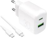 PURO ProLite hálózati töltő 1xUSB-A és 1xUSB-C csatlakozással + Type-C - Type-C kábellel 1.2m 30W - fehér