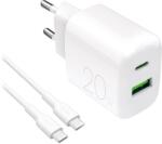 PURO ProLite hálózati töltő 1xUSB-A és 1xUSB-C csatlakozással + Type-C - Type-C kábellel 1.2m 20W - fehér