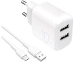 PURO ProLite hálózati töltő 2xUSB-A csatlakozással + USB-A - Type-C kábellel 1.2m 10W - fehér