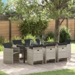 vidaXL 9 Részes Kert Étkezősor Párnákkal Világosszürke Poly Rattan (3380612)