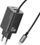 USAMS CC266 JC Series hálózati töltő 1xUSB-A és 1xUSB-C csatlakozással + rögzített Type-C kábellel 65W GaN - fekete