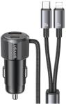 USAMS CC287 YT Series autós töltő 1xUSB-A és 1xUSB-C csatlakozással + rögzített Type-C és Lightning kábellel 66W - fekete