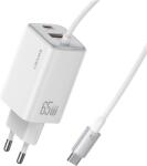 USAMS CC266 JC Series hálózati töltő 1xUSB-A és 1xUSB-C csatlakozással + rögzített Type-C kábellel 65W GaN - fehér