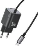 USAMS CC264 JC Series hálózati töltő 1xUSB-C csatlakozással + rögzített Type-C kábellel 30W GaN - fekete