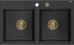 Mexen Hektor chiuvetă din granit cu 2 compartimente 800 x 480 mm, negru/argintiu metalic, sifon auriu - 6521802000-73-G (6521802000-73-G) Chiuveta