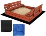  Impregnált Fa Homokozó - 120x120 cm, Padokkal, Takarószett