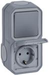 Legrand LEGRAND, Plexo Nou comutator universal AP rezistent la umezeala (1 poli) si priza de contact cu impamantare (SL), incl. capac cu balamale, vert. , IP44-IK07 (priza), IP55 - IK07 (intrerupator), culoar