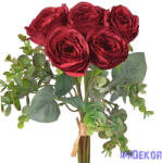  Eukaliptuszos rózsa selyemvirág csokor 36cm - Bordó