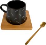 Cyrax Cana din ceramica cu farfurie de lemn si lingurita, 220ml, negru (Futurenegru)