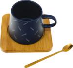 Cyrax Cana din ceramica cu farfurie de lemn si lingurita, 220ml, albastru (Futurealbastru)