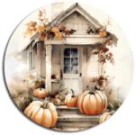  Nyomtatott fa tábla koszorú közép - Fehér-narancs tök házzal 11, 8cm - kosarbolt