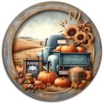  Nyomtatott fa tábla koszorú közép - Őszi táj kék teherautóval 11, 8cm - kosarbolt