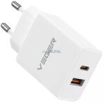 VEGER VLS202U hálózati töltő 1xUSB-A és 1xUSB-C csatlakozással 20W 3A QC3.0 PD - fehér