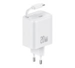 USAMS YC hálózati töltő Type-C aljzat (20W, PD gyorstöltő, GaN + fix, csévélhető Type-C kábel) FEHÉR (CC233TC02) - aqua