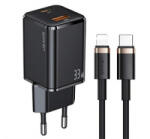 USAMS T43 hálózati töltő USB+Type-C aljzat (33W, PD gyorstöltő 3.0 + lightning kábel) FEKETE (USKTZ01) - aqua