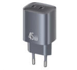 USAMS hálózati töltő 2 Type-C aljzat (45W, GaN, PD gyorstöltő 3.0) SÖTÉTSZÜRKE (CC305TC01) (CC305TC01)