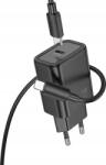 hoco. N62 Hálózati Töltő Type-C Aljzat 30w, Pd Gyorstöltő 3.0 + Lightning Kábel, Fekete ( )