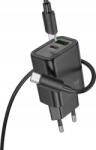 hoco. N61 Hálózati Töltő Usb+type-C Aljzat 20w, Pd Gyorstöltő 3.0 + Lightning Kábel, Fekete ( )