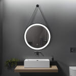 Italbox Oglinda rotunda cu led si buton touch, cu rama neagra din aluminiu, chinga din piele ecologica, diametru 60cm (S-4656B)