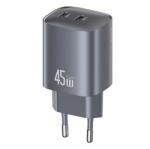 USAMS CC305TC01 45W GaN PD 2xType-C sötétszürke hálózati töltő (CC305TC01)