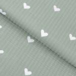 Goldea pamut krepp anyag - szívecskék, zsálya színű alapon 160 cm