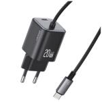 USAMS CC261TC01 20W Gan PD Type-C fekete hálózati töltő + fix Type-C kábel (CC261TC01)