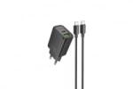 hoco. N63 Gentle Hálózati Gyorstöltő (USB - Type-C) (PD)30W + QC3.0 Type-C/Type-C kábellel fekete (PM037409) (PM037409)