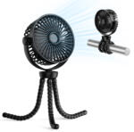 Techsuit - Babakocsi Ventilátor (VP1) - Hordozható, Négysebességes, 360°-ban Hajlítható Tripod Csiptető, 4000mAh - Fekete