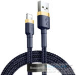  USB töltő- és adatkábel, Lightning, 100 cm, 2400 mA, törésgátlóval, gyorstöltés, cipőfűző minta, Baseus Cafule, CALKLF-BV3, sötétkék/arany - mobil-box