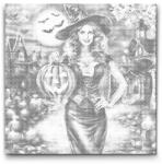  PontPöttyöző - Boszorkány tökkel Méret: 50x50cm, Keretezés: Kerek kartonlap, Szín: Fekete