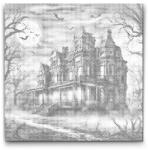  PontPöttyöző - Éjféli halloweeni ház Méret: 50x50cm, Keretezés: Kerek kartonlap, Szín: Fekete