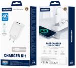 Jellico fali töltő EU19 GaN PD 40W 2xUSB-C + USB-C - Lightning kábel Fehér