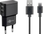 Goobay Hálózati 2x USB töltő 2.4A + USB-A - USB-C töltőkábel Fekete (44986) (44986)