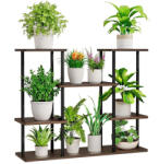  Fém virágtartó állvány, fekete/rusztikus fa, LEDER