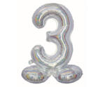  Holographic Silver, Ezüst 3-as szám fólia lufi talppal 72 cm (MLG145670)