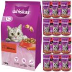 Whiskas Adult 14kg száraz táp finom marhahús + WHISKAS Adult 12x400 g nedves táplálék marhahússal mártásban