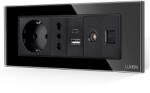 Luxion Priza Schuko + Ingusta + Dubla USB + TV + Internet cu Rama Din Sticla LUXION, Standard Italian, 6M - culoare negru