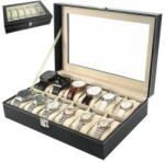 Soulima Fekete eco-bőr óra- és ékszertartó doboz, 12 rekesszel, üveg fedél (00012534)