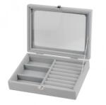 Herzberg Home & Living Szürke velúr ékszerdoboz üvegtetővel, 3 rekesz és 7 gyűrűtartó, 20×15 cm (HG-05330)