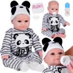 Jokomisiada Élethű 45 cm-es puha fiú baba panda rugdalózóban, cumival és kiegészítőkkel (21398)