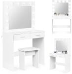 ModernHome Fehér sminkasztal 12 LED-es tükörvilágítással, 80×40×140 cm, ülőkével (CHDT03)