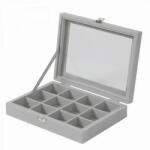 Herzberg Home & Living Ékszerdoboz üvegfedéllel, 12 rekesszel, 20×15×5 cm, szürke (HG-05309)