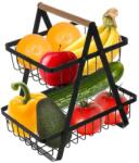 Ruhhy Kétszintes fekete fém gyümölcs- és zöldségtartó kosár fa fogantyúval 30×27×18 cm (00024265)